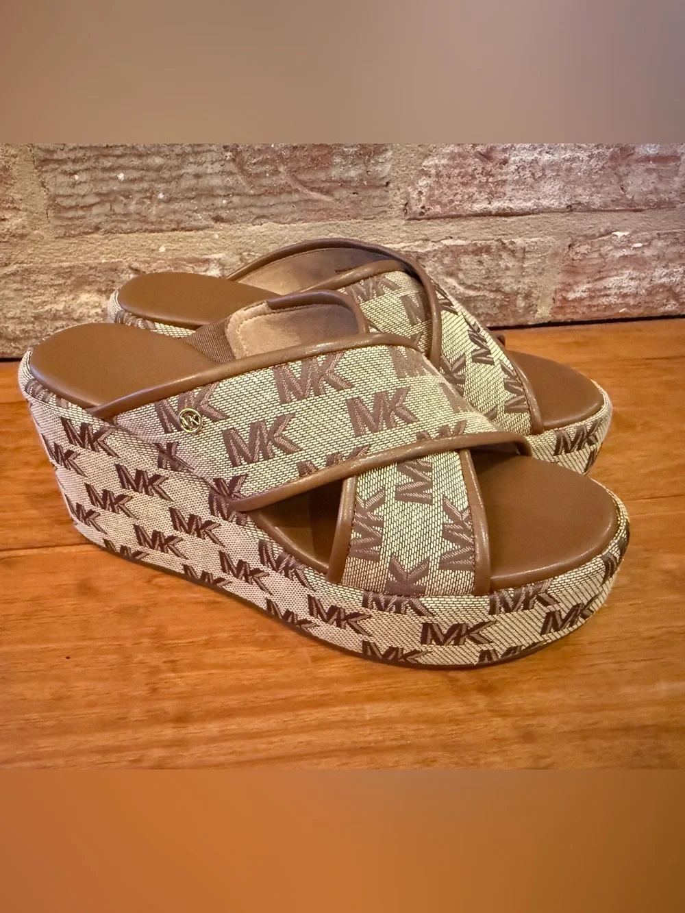 Michael Kors Tan/Brown MK Logo Platform Wedge Slides